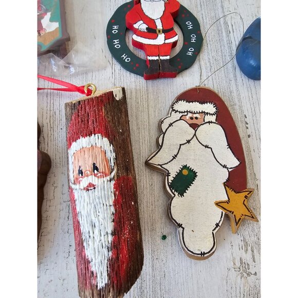 Vintage wooden Santa ornament set sled clause rustic country folk art shabby chi - Picture 2 of 9